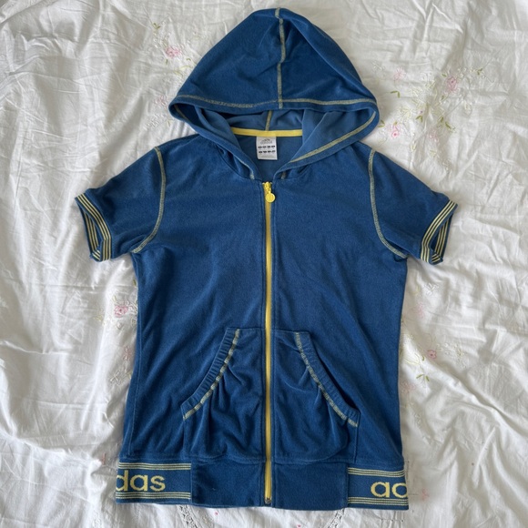 RARE Adidas Blue Hooded Terry Cloth Sweater with Yellow Accents - Picture 2 of 10